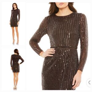 New MAC DUGGAL 93625 Expresso Brown Long Sleeve Sequin Mini Dress Women (0) $398